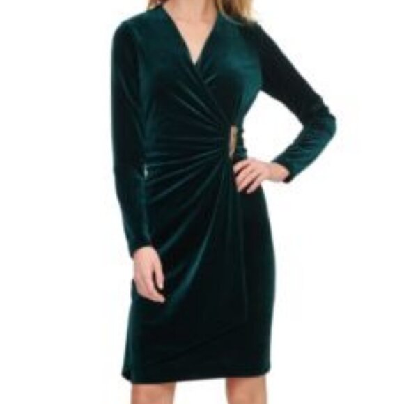 Calvin Klein - Velvet Side Bar Trim Dress - Malachite - Picture 1 of 14